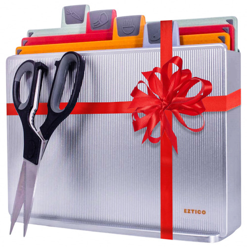 EZTICO 4-Piece Non-Toxic Cutting Board Set with Premium Scissors and Holder (Tall Silver)