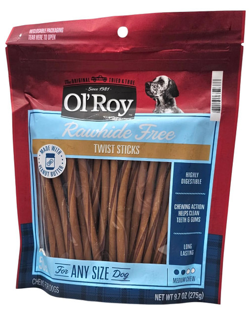 Ol' Roy Rawhide Free Peanut Butter Flavor Twist Sticks Dog Treats, 9.7oz
