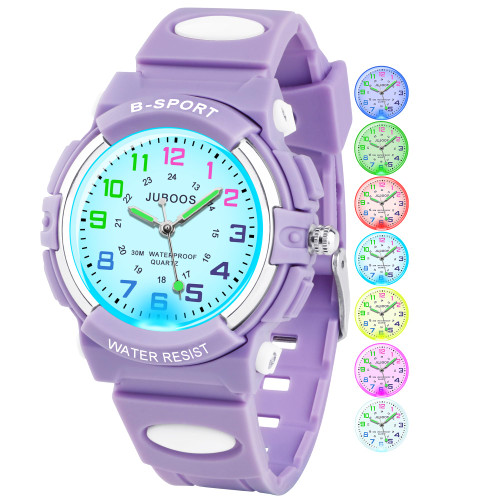 Juboos Kids Watch Analog with 7 Colorful Night Lights Boys Girls Waterproof Soft Strap Kids Time Teaching Quartz Wristwatch for Ages 5-18 (Purple)