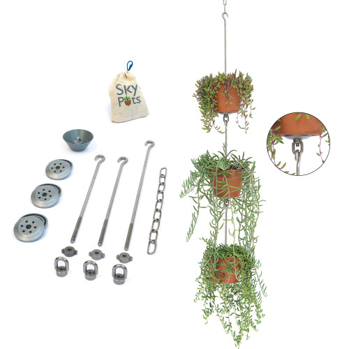SkyPots — Three Pack, Pot Hanger Kits + Accessories - Hang and Connect Your Clay Pots, Stainless Steel - Indoor Outdoor - Connectable Hanging Planter Vertical Garden w/Drainage for Healthy Plants