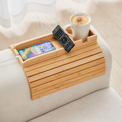 GEHE Bamboo Couch Cup Holder, Anti-Spill Sofa Arm Tray, Natural and Easy to Clean Couch Arm Cup Holder Armrest Tray Perfect for Cups, Beers, Snacks, Remote Control, Drinks