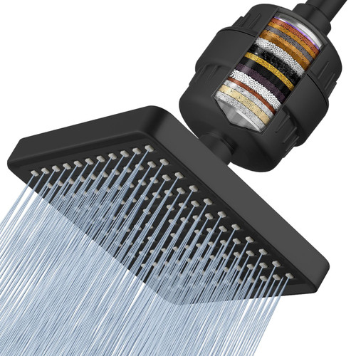 Voolan Filtered Shower Head - 20 Stage Luxury Rain Shower Filter For Hard Water for Remove Chlorine and Harmful Substances - 6" Square High Pressure Rainfall Showerhead (Matte Black)