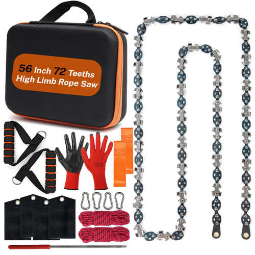 56 Inch High Limb Rope Saw, Hand Chainsaw with 72 Sharp Teeth Blades on Both Sides, Hand Rope Chain Saw Kit Includes Ergonomic Handles, Hand Straps and Storage Case, Manual Tree Limb Cutter