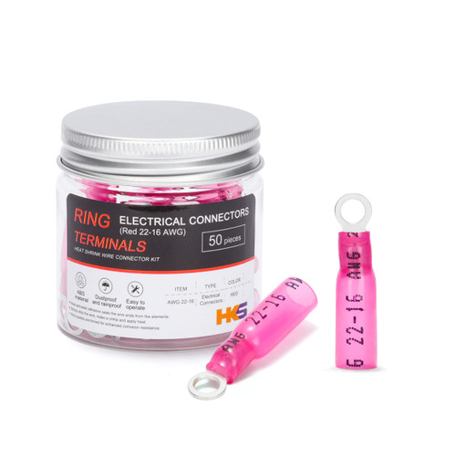 HKS 50 PCS Ring Terminals #6 Red 22-16 AWG - M3.5 - Electrical Connectors - Heat Shrink Wire Connector Kit - Tinned Red Copper - Automotive Marine Ring Connectors - Waterproof and Insulated