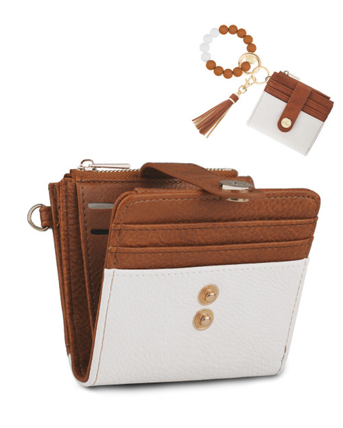 Sunpour Small Wristlet Wallets for Women Keychain Wristlet Wallet RFID Blocking Key Chain Wallet With Zipper Coin Pocket,2 Id Window (Beige＆Brown)