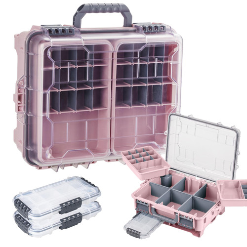 THKFISH Waterproof Tackle Box, Portable Fishing & Tackle Storage Box with Two 3500 Stowaway Boxes and Removable Dividers, Premium Tackle Box, Thicker Floating Airtight Stowaway,Pink/Green/Blue/Grey