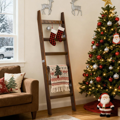 TEAKMAMA 6-Tier Blanket Ladder for Living Room and Bedroom,5.4 Ft Wall Leaning Quilt Rack with Hooks,Rustic Decorative Farmhouse Blanket Storage,Ladder Holder,Christmas Decorations,Mahogany Finish