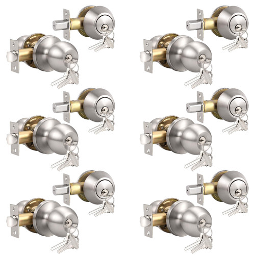 Knobonly Keyed Alike Exterior Door Knob, Round Outdoor Lock with One Sided Deadbolt, Stainless Steel, Satin Nickel Door Knobs, Silver Door Handle Sets, 6 Pack