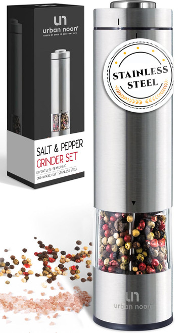 Electric Salt and Pepper Grinder - Battery Operated Stainless Steel Pepper Mill with Light - Automatic One Handed Operation - Electronic Adjustable Shaker - Ceramic Grinder