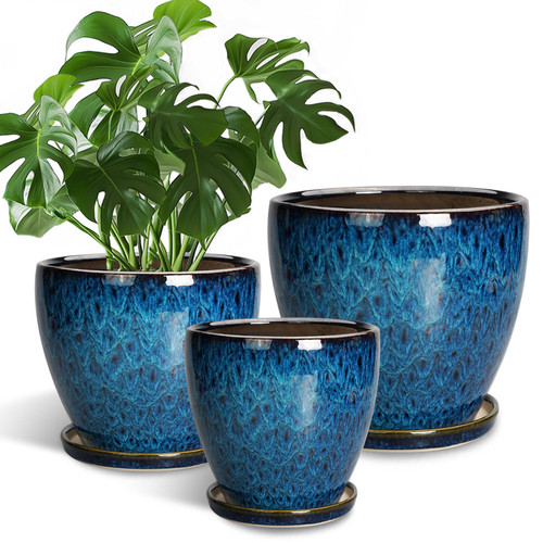 EPFamily Plant Pots Indoor, Ceramic Planters Pots with Drainage Holes and Saucers, 10+8+6 Inch, Set of 3, Round Large Flower Pots for Indoor Outdoor Plants, Blue