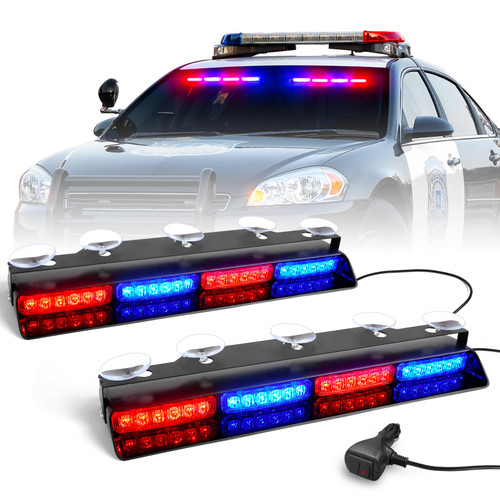 HLauto 6Z4J Emergency Dash Strobe Lights: 2x16.8 inch Red Blue Safety Lights, 48 LED Flashing Warning Hazard Interior Windshield Visor Traffic Light Bar for Trucks, Construction Vehicles
