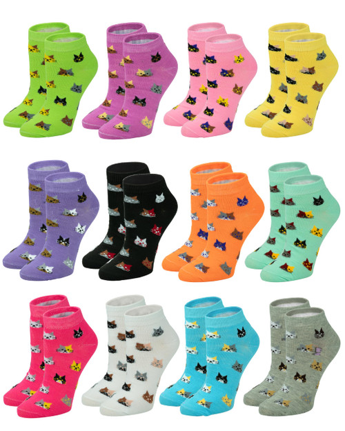 Gelante 12-Pair Women's Ankle Socks, Colorful Comfortable Lightweight Breathable Athletic 550-57 Cute Cat