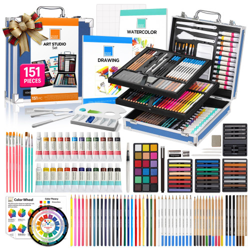 COLOUR BLOCK 151 PC Professional Art Supply Set with Mixed Media Supplies, Paint Kit & Brushes in Aluminum Case - Complete Art Supplies for Adults & Kids 9-12 - Travel Art Kit