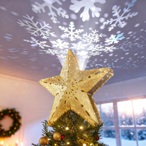 DG-Direct Christmas Tree Topper Lighted Star [Gold],3D Hollow Sparkling Star Christmas Tree Topper with Rotating Magic Cool White Snowflake Projector for Christmas Tree Ornament (Gold)
