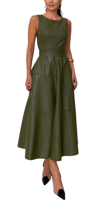 CHARTOU Women PU Faux Leather Sleeveless Elegant Flowy Long Dress Party Night Out Dress with Belt (Small, Green)