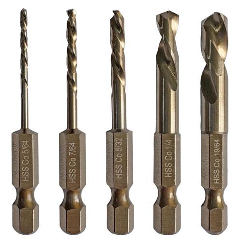 NordWolf 5-Piece M35 Cobalt Stubby Left Hand Drill Bit Set, Reverse Twist with 1/4" Hex Shank for Screw Extractors, SAE Sizes 5/64"-7/64"-5/32"-1/4"-19/64" in Storage Case