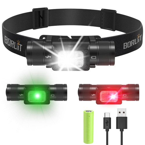 BORUIT HP360 Headlamp Rechargeable (Cob Red and Green) 7 Modes Super Bright Head Lamp,180°Angle Head Lights for Forehead, IP67 Waterproof Headlamps for Adults Outdoor Hunting Hard Hat Camping Hiking