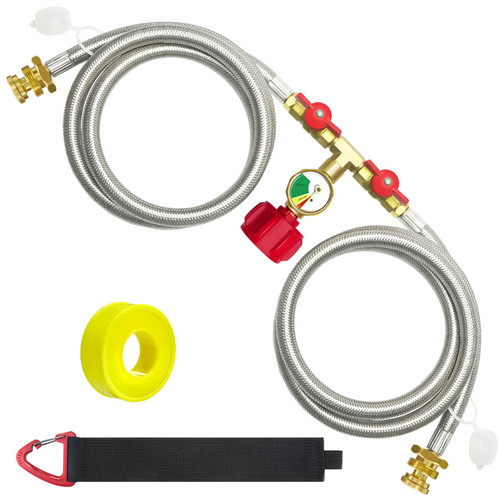 Upgraded 5FT Propane 2 Way Splitter Adapter Hose Stainless Braided Propane Y Splitter Hose 1 lb to 20 lb Converter with Shut Off Valve with Gauge Propane Hose Adapter 1lb Appliance to QCC1 5-40lb Tank