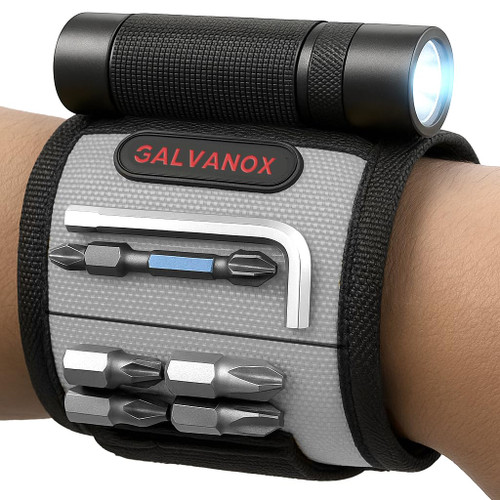 Galvanox Magnetic Wristband with LED Flashlight - Nylon Wrist Magnet for Tools, Screws and Nails with Adjustable Work Light - Great Gift for Men, Father, Handyman (Black)