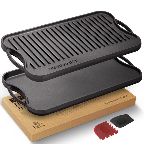 Overmont Pre-seasoned 17x9.8" Cast Iron Reversible Griddle Grill Pan with handles for Gas Stovetop Open Fire Oven, One tray, Scrapers Included