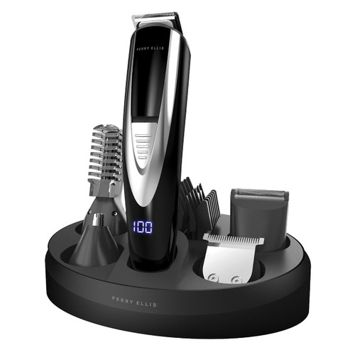 Perry Ellis 16-Piece Men’s Grooming Kit, Rechargeable Beard Trimmer, Electric Razor for Face, Body, Nose, and Ear Hair, LED Display, Foil Shaver Head, 5 Adjustable Trimming Guides, Charging Dock