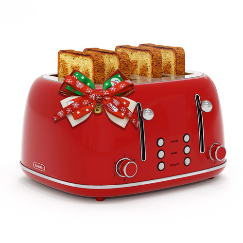 Toaster 4 Slice, Retro Stainless with 6 Bread Shade Settings,1.5''Wide Slots Toaster with Cancel/Defrost/Reheat,Dual Independent Control Panel(Red)