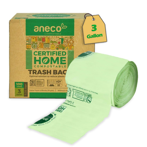 ANECO 100% Compostable Food Waste Bags 3 Gallon, 100 Count, Extra Thick Compost Bags for Countertop Bin, Small Compost Bag, Food Waste Bags with TUV OK Compost Home and BPI certified