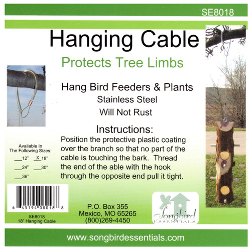 Songbird Essentials Hanging Cable Tree Limb Protector with S Hook - Steel Cable with Silicone Sleeve - Protects Tree Limbs from Heavy Bird Feeders and Decorations - 18 Inch Cable