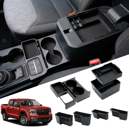 Mabett Center Console Storage Organizer and Dual Cup Holder for Ford Maverick 2022-2025 Accessories, with Door Handle Storage Organizer, Center Console Armrest Organizer Set Fit Maverick (7PCS)