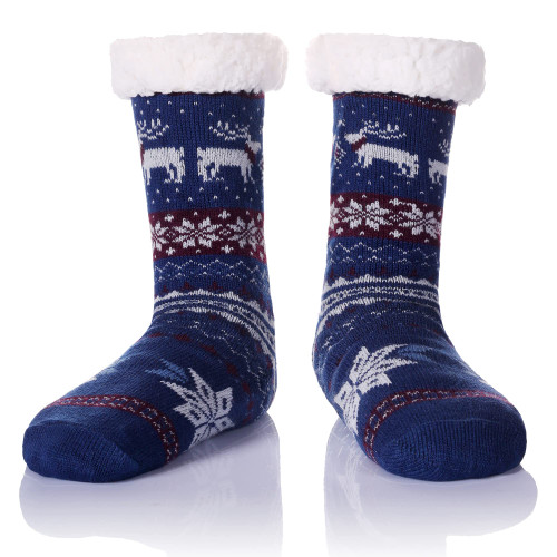 WEVIAS Men's Fleece Lined Cozy Extra Thick Slipper Socks Winter Non-Slip Fuzzy Home Sleeping Stockings (Blue Deer)