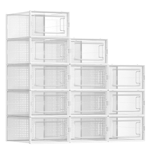 SONGMICS Shoe Boxes, Pack of 12 Shoe Storage Organizers, Stackable Clear Plastic Boxes for Closet, Sneakers, 13.1 x 9.1 x 5.6 Inches, Transparent and White ULSP12SWT