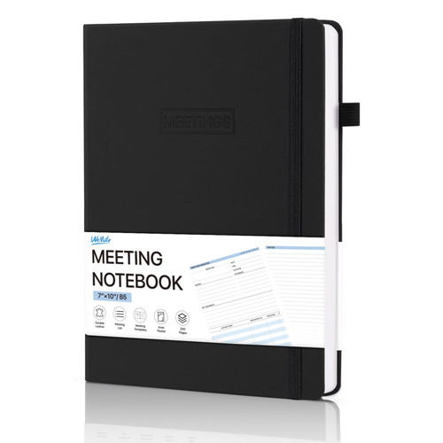 WEMATE Meeting Notebook for Work, Work Planner Notebook With Action Items, B5 Size Project Planner, Easily Take Meeting Notes & Keep Agendas on Track, Calender, Index Page, Inner Pocket, 7×10 Inch, Black