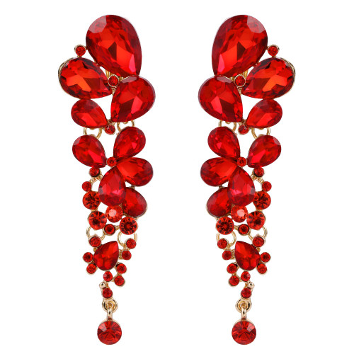 EVER FAITH Rhinestone Crystal Elegant Waterdrop Bridal Feast Dangle Clip-on Earrings Red Gold-Tone
