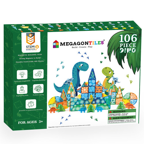 MEGAGONTILES Dinosaur Magnetic Tiles Set 106PCS | STEM-Authenticated Magnet Building Blocks with Dinosaur Animals | Educational Construction Toy for Toddlers & Kids Ages 3–8 (Boys & Girls)
