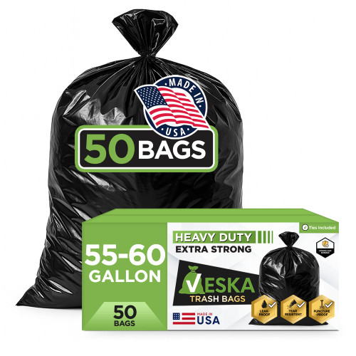 Veska 55 Gallon Trash Bags Heavy Duty, (Value-Pack 50 Count w/Ties) 55-60 Gallon Trash Bags Large Black 50-60 Gallon Garbage Liners for Lawn, Leaf, and Commercial