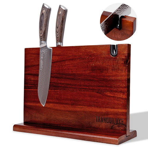 Tranquiluxe - Double Sided Magnetic Knife Holder, 14 x 10 Inches Kitchen Knife Block Acacia Wood Magnetic Knife Holder Stand with Knife Sharpener Knife Block without Knives