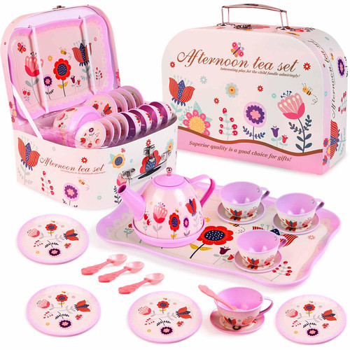 Lajeje Pretend Play Tea Set for Little Girls, Gift for Age 3-8, Flower Themed, 19 PCS