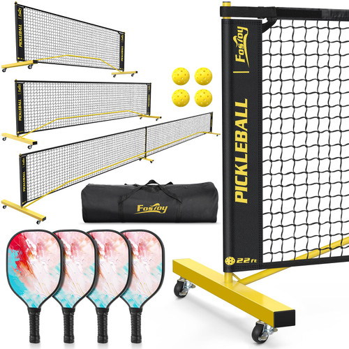 Pickleball Set Net with 4 Paddles, 6FT/11FT/22FT Portable 3-in-1 Pickle Ball Net with Carry Bag, Pickleballs, Designed for All Weather Conditions (3-in-1 Pickleball net with Rackets)