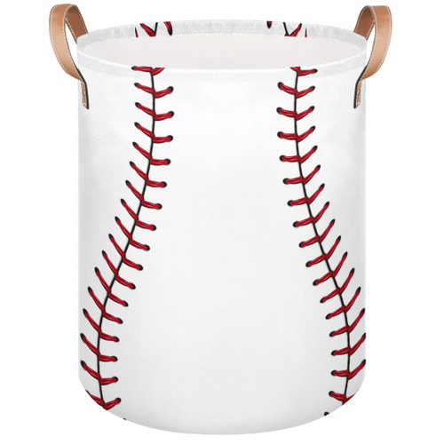 Bardic Large Laundry Basket Baseball Texture Laundry Hamper with Leather Handle, Sport Baseball Collapsible Organizer Basket Freestanding Tall Clothes Hamper for Bathroom Bedroom Living Room
