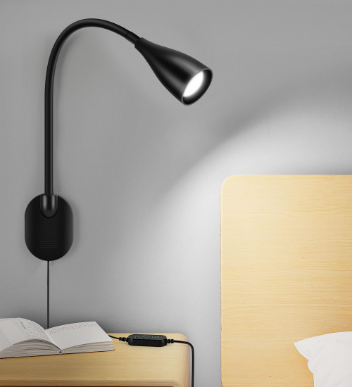 Wall-Mounted LED Bedside Reading Light with USB Charging Port, 10-Level Dimmable & Adjustable 5 Color, Plug-in Adhesive Night Lamp for Books in Bed, Eye-Caring Bedroom Lighting (Black)