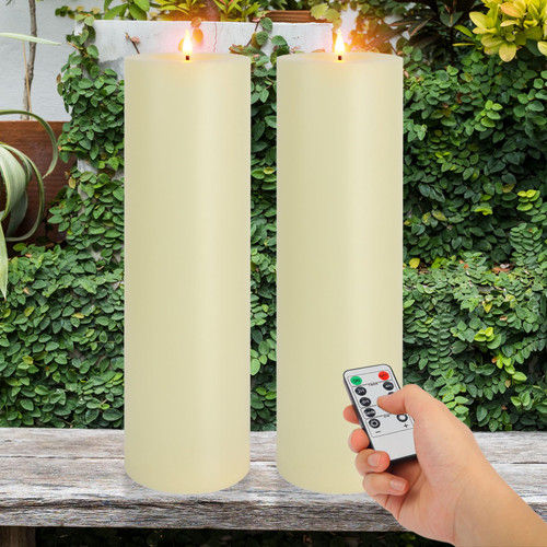 Warmhere 14" x 4" Large Outdoor Candles with Timer Waterproof, Remote Control Flickering Flameless Candles Battery Operated, Tall Fake LED Pillar Candle for Patio Porch Lantern, Ivory, 2 Pack