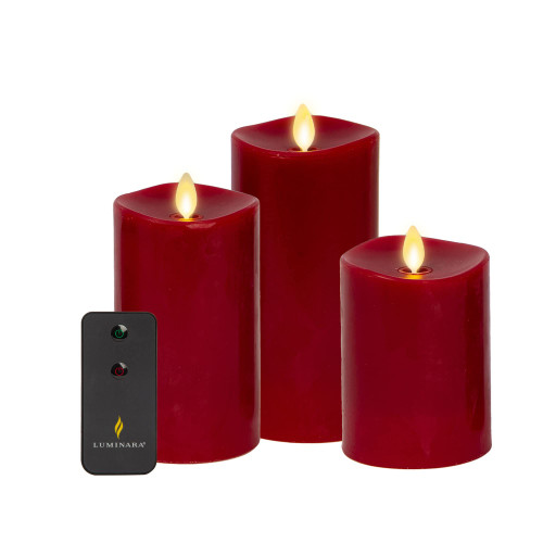 Luminara Flameless Flickering Melted Edge Set of 3 Candles, Battery Operated & Timer Function, Remote Included, Unscented Paraffin Burgundy Wax LED Light Pillar, Christmas Holiday Décor