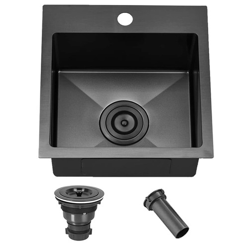 Comllen 15”x15” Black Drop In Bar Sink, Stainless Steel Small Kitchen Sink Single Bowl, Gunmetal Black Sinks for Outdoor Wet Bar Prep RV Yard Office Laundry Utility with Strainer Drain