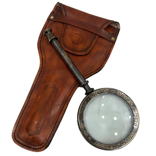 Antique Henry London Marine Handheld Magnifying Glass Astrologers Leather Case Brass Instrument Map or Coin Reading Lens Brown Vintage Magnifier
