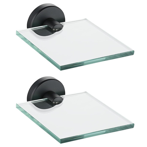 JQK Small Floating Glass Shelves Black, 4 Inch Display Ledges for Wall, Mini Decor, Living Room Bedroom Bathroom, Tempered Glass Shower Storage, 2 Pack, TGS101L4-PB-P2