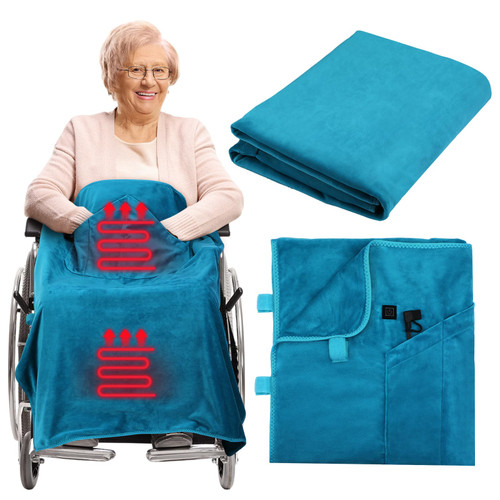 Hahafelt 12v Heated Flannel Wheelchair Blanket, Blue Portable Heated Throw for Elderly 2 Heating Zones, Camping Essentials, Elderly Gift