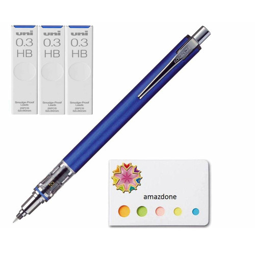 Kuru Toga Advance - Auto Lead Rotating Mechanical Pencil 0.3mm Navy (M3-5591P.9) +Uni Pencil Lead,"The Uni" Smudge-Proof Leads, 0.3mm HB 3Set and amazdone Sticky Notes