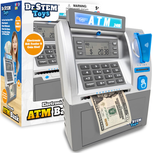 Dr. STEM Toys - Kids ATM Savings Bank – Electronic Piggy Bank with Bill Feeder, Coin Counter, and LCD – Educational STEM Toy for Children 5-12