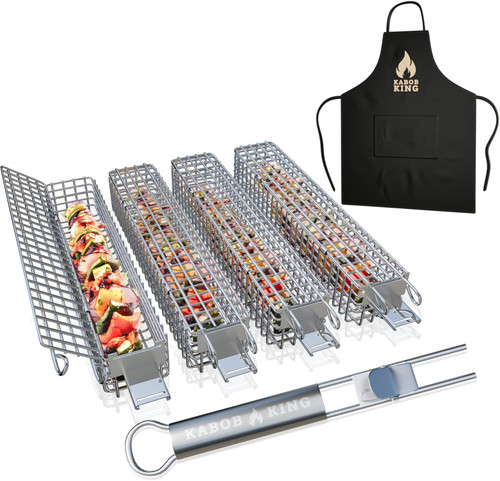 ORIGINAL XL Kabob Grilling Basket Set of 4 with Detachable Handle. UPGRADED DESIGN - New & Improved Stainless Steel Construction with Larger Capacity (12 x 2 x 2) for Outdoor Grilling by Kabob King (With Apron/Storage)