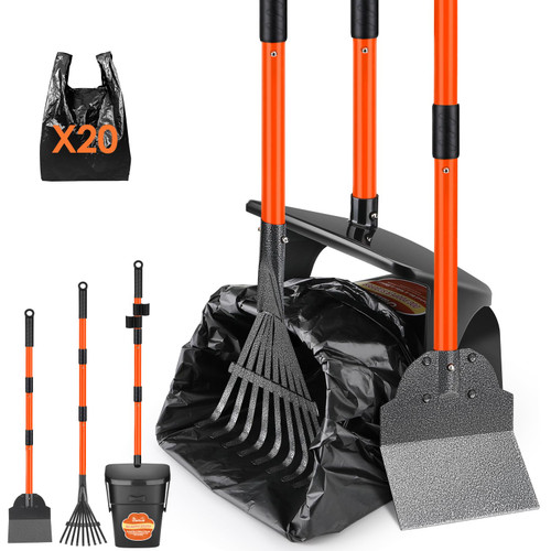 SlowTon Dog Pooper Scooper - 37.4" Long Handle Adjustable Metal Swivel Bin & Rake & Spade Kit with 20 Waste Bags, Portable Pooper Scooper for Gravel Lawn Grass, Suit for Small Medium Large Dog